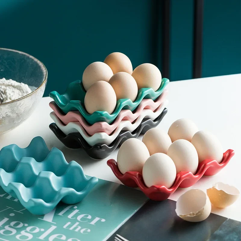 Creative Ceramic Egg storage tray, solid color 6 grid egg grid, rectangular ceramic egg rack for home