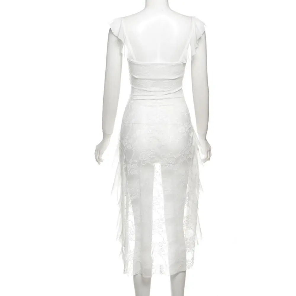 

Off-shoulder Lace Flower Tassel Camisole Ruffled Edge Beachwear Mesh Ribbon Dress Sweet Spicy Girl Style Sleeveless Top Women