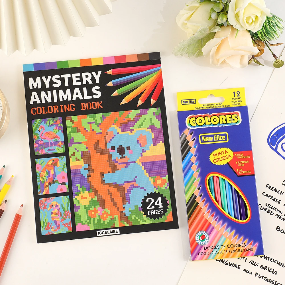 24 Sheets Adult Coloring Book Mosaic Animal Patterns with Bonus Pencils For Adults Stress Relief Mindfulness Therapy Coloring