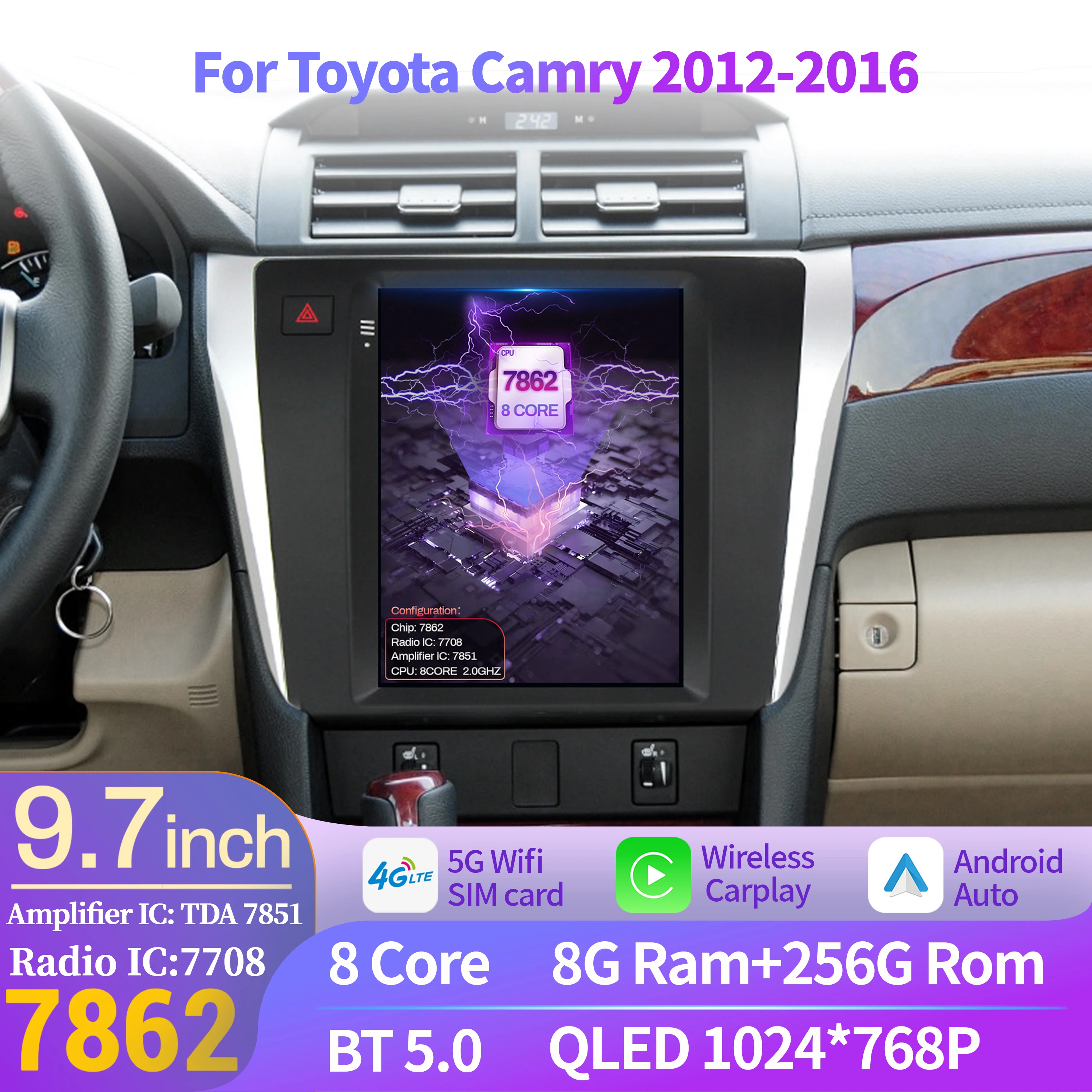 

9.7 inch Car Radio Multimedia For Toyota Camry 2012-2016 Android 14 Wireless Bluetooth Carplay 4G GPS Head Unit QLED Screen