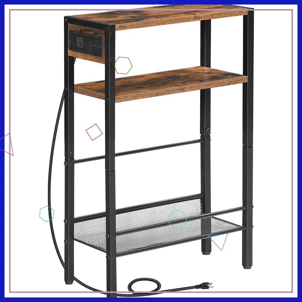 

Тонкий приставной столик с зарядной станцией, USB-портами и полками для хранения небольших помещений в деревенском коричневом и черном цвете.