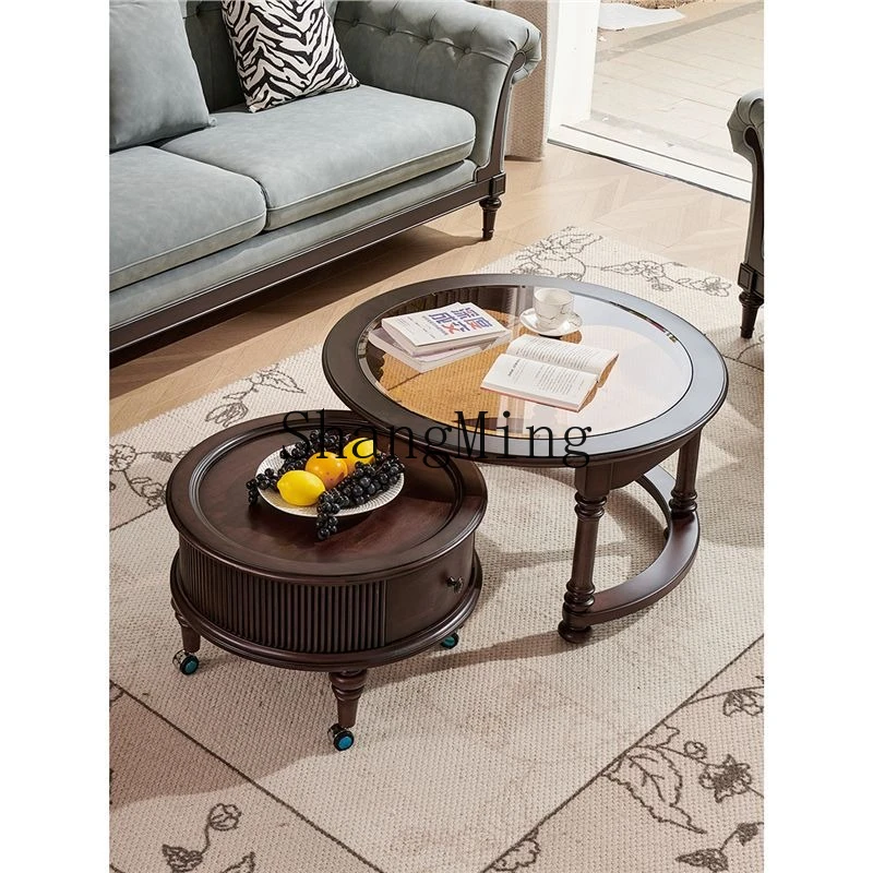

SM household new retro round solid wood coffee table combination medium and ancient simple round coffee table