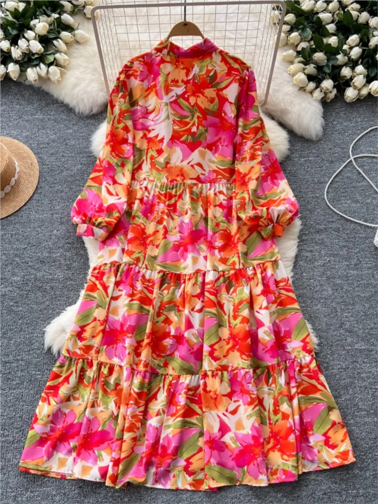 Vestido de manga larga con estampado Floral para mujer, Vestido camisero informal con botonadura única, elegante, Vintage, moda de otoño