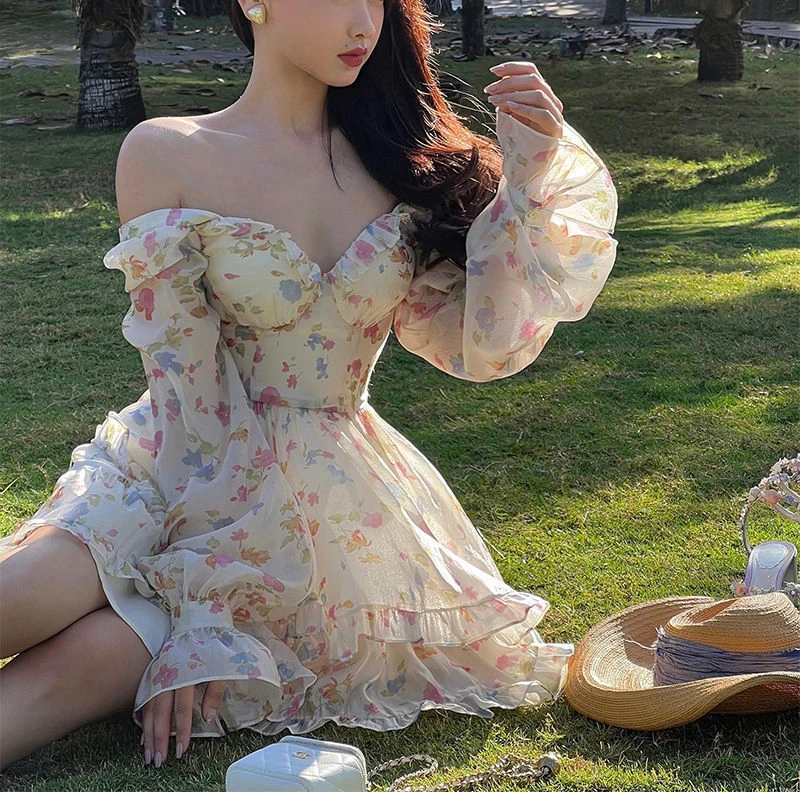 Sweet Elegant Party Mini Dress Women 2022 Summer Beach Long Sleeve Fairy Dress Female Y2k Korean Fashion Floral Lolita Dresses