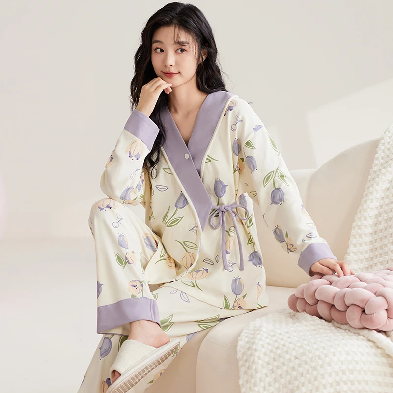 Printed Modal Nursing Sleepwear for Maternity Autumn Spring Breastfeeding Cardigan Pajamas Suits Pregnancy Hospital Homewear