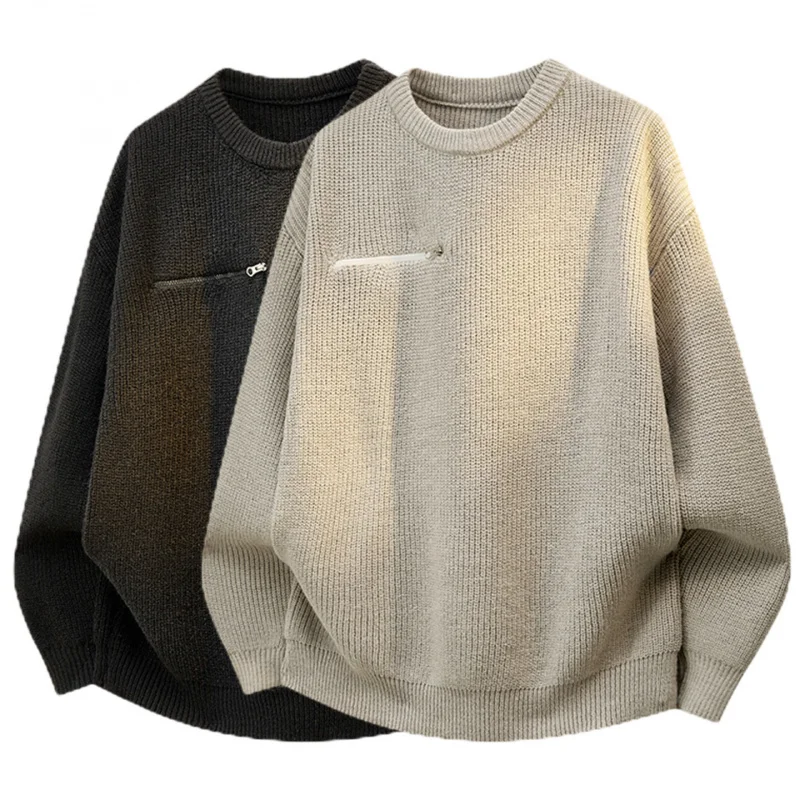 

Европейский размер, большие размеры, грубая текстура, карман на молнии, вязаный свитер, мужской однотонный пуловер с круглым вырезом, осень-зима