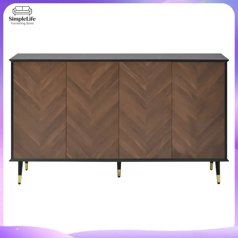 PINGGO Living Room Sideboard Cabinet with Herringbone Pattern 4 Door Buffet Storage Unit Adjustable Shelves MDF Wood Metal