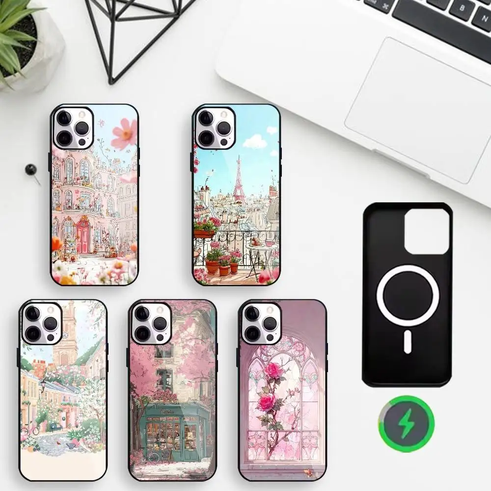 

Пастельно-розовый чехол для телефона «Сказочные сцены» для iPhone 17,16,15,14,13,12,11 Макс. Черный защитный чехол с беспроводной зарядкой