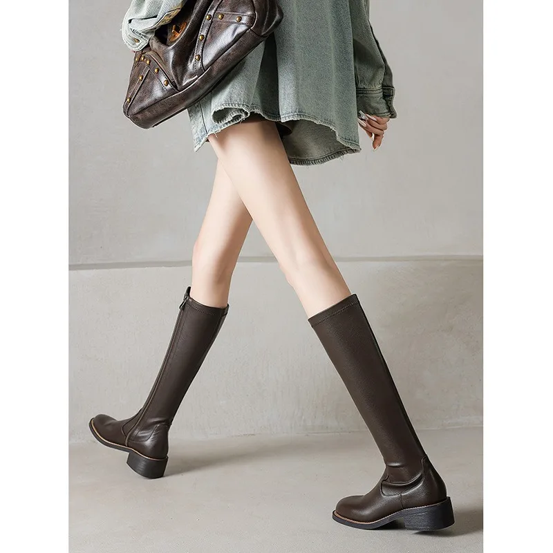 

Women's boots 2024 winter new thick mid-heel round head thin but knee fashion senior British style knight boots winter shoes