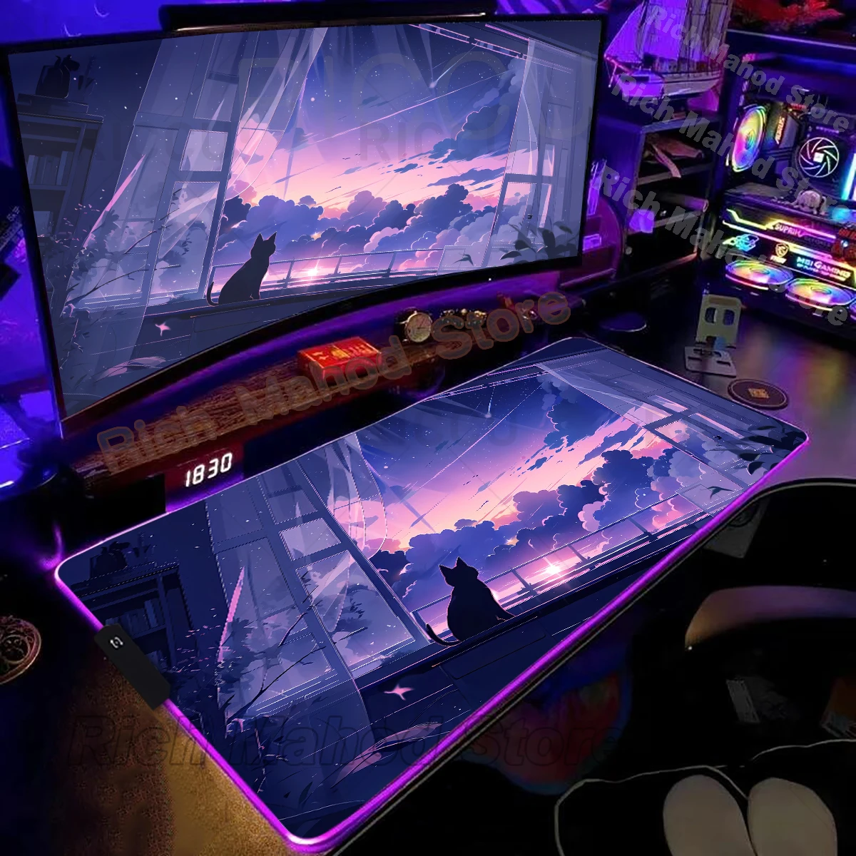 

RGB Clouds Black Cat Mouse Pad LED Gaming Keyboard Desk Mat Kawaii Anime Gamer PC Cabint Extended Mousepad XXL Desk accessories