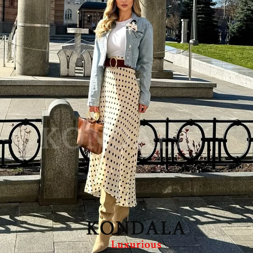 KONDALA High Street Satin Women Skirt Dot Long Straight Zipper Skirt Fashion 2026 Spring Summer Holiday Night Out Female Skirt