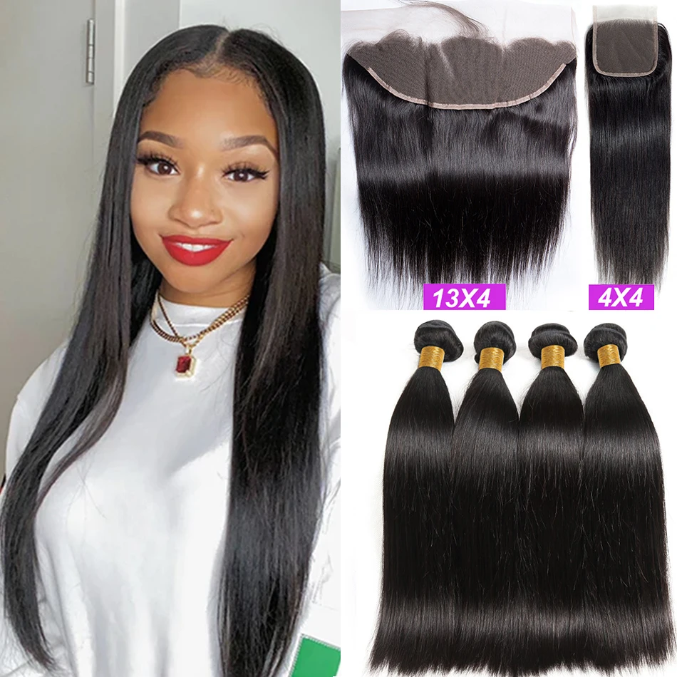 12A Malaysian Straight Bundles With Frontal 100% Human Hair 3 Bundles With Closure HD Transparent Lace Frontal With Bundles Isee