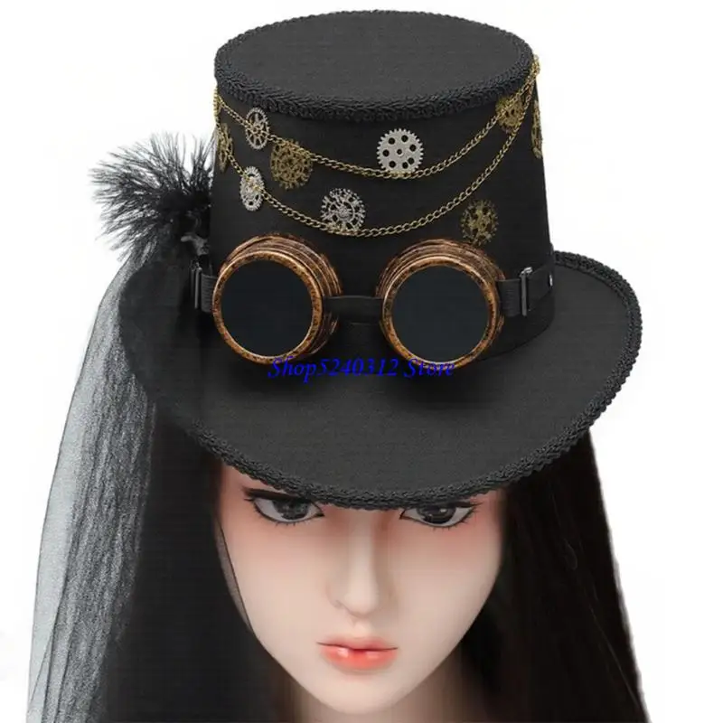 634C Victorian Tall Hat Gothic Flower Detail Goggles Top Hat For Costume Event