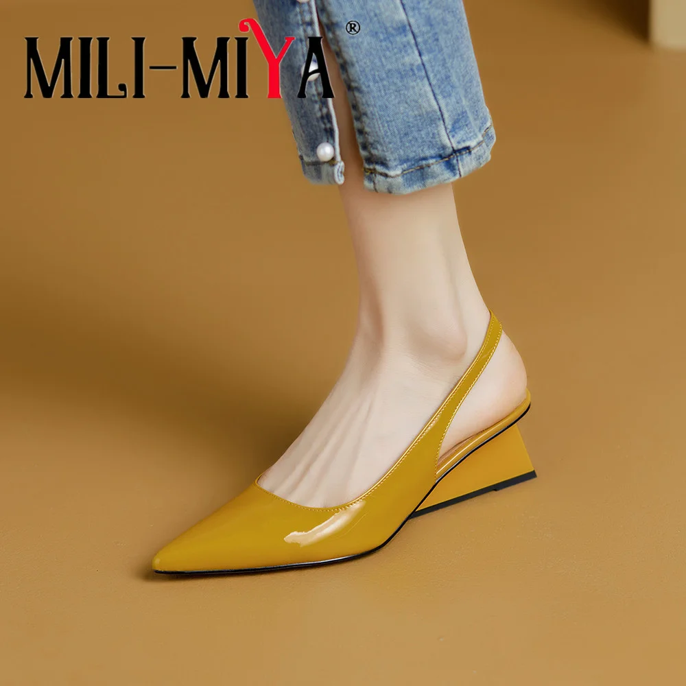 

MILI-MIYA Fashion Wedges Women Full Genuine Leather Pumps Pointed Toe Slingbacks Slip On Dress Party Shoes Big Size 34-40