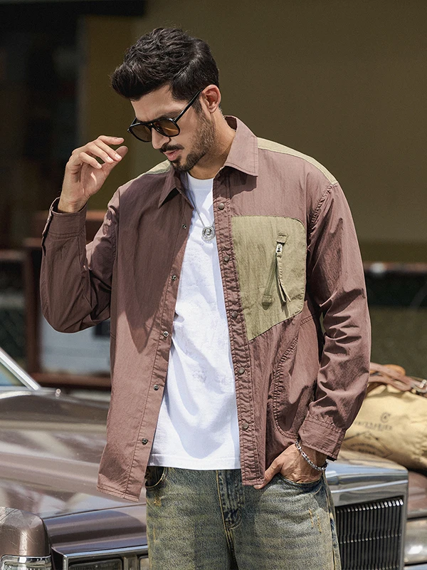 

American High-End Color Blo Long Sve irt Men's Loose Fit Casual irt Jaet Trendy Outdoor Climbing Campus Hiking