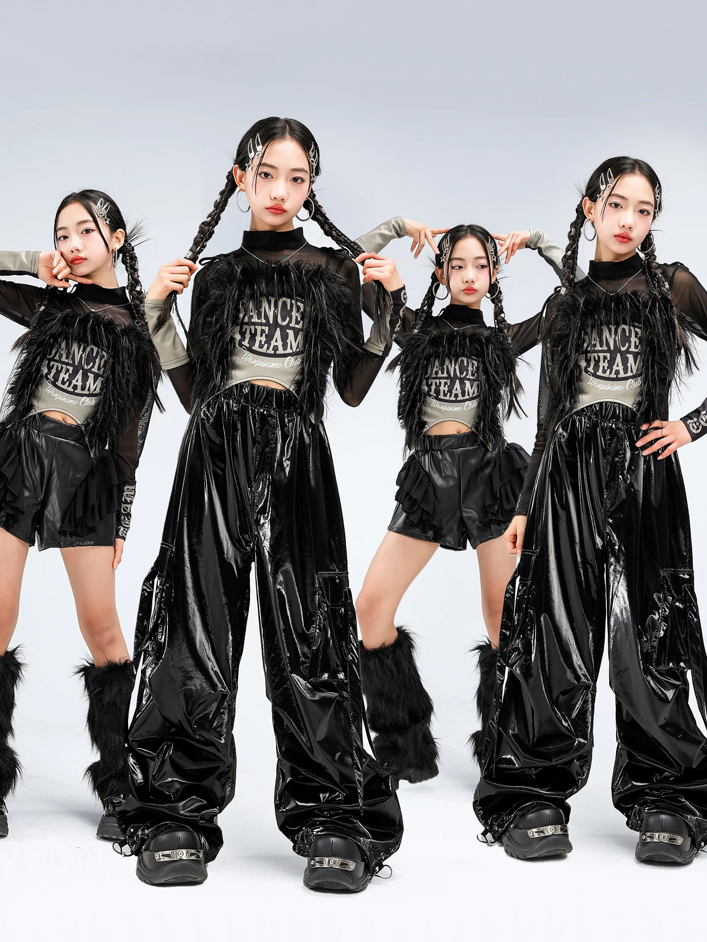 

Крутой джазовый танцевальный костюм для девочек: уличный модный наряд, кожаные брюки, сценический костюм, модный комплект для милых девушек