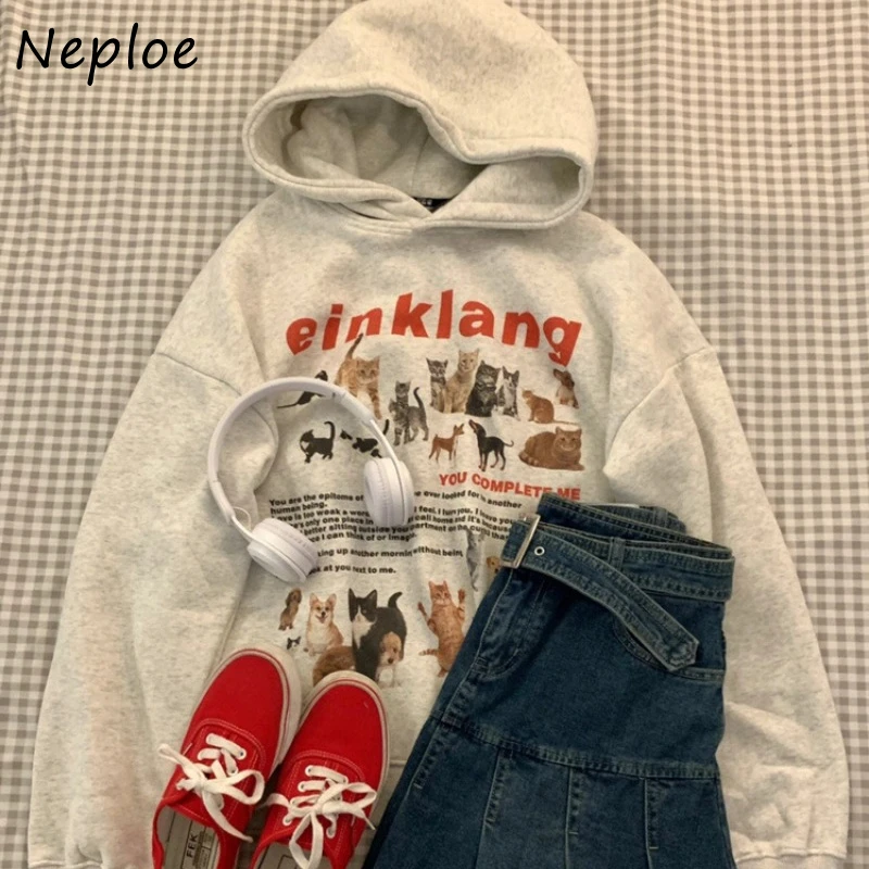 Neploe American Street Cute Cat Print Sweatshirts Autumn Thicked Warm Sweatshirt Women Y2k Long Sleeve Hoodie Tops Women