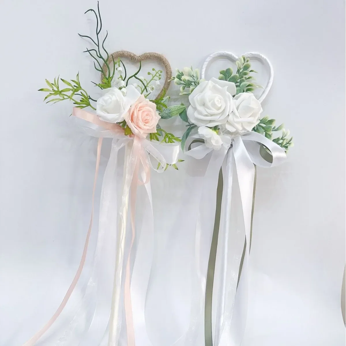 Yannew 2pcs Heart Shaped Wedding Flower Girl Wands Bouquet for Kids White Pink Artificial Rose Flower Mini Bouquet Keepsake Gift