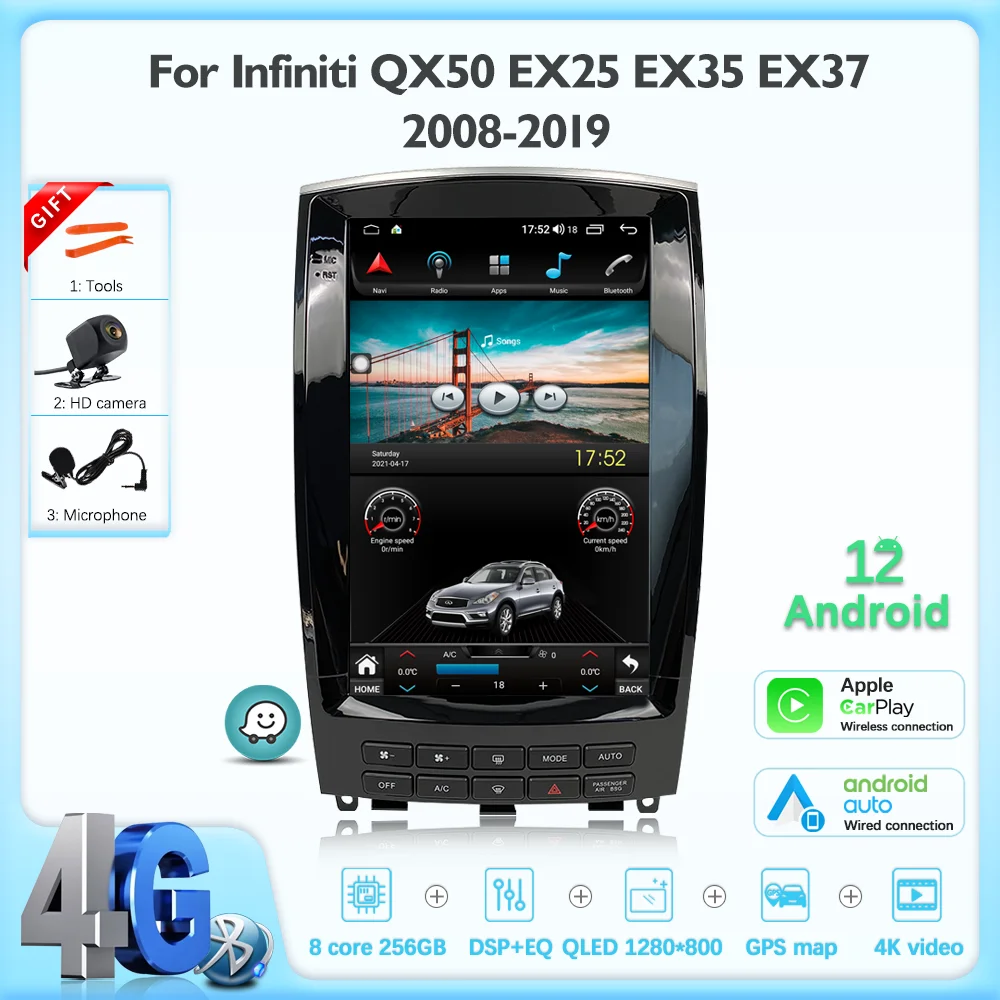 

JEHUNG 12,1 дюймов для Infiniti QX50 EX25 EX35 EX37 2008-2019 Android 12 Автомобильный мультимедийный плеер GPS для воспроизведения магнитолы