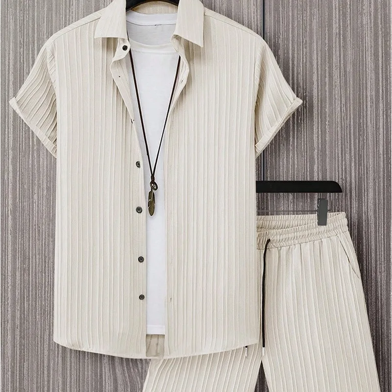 Casual Textured Two Piece Set Mens Short Sleeve Button Shirt Drawstring Beach Shorts Outfit view 6
