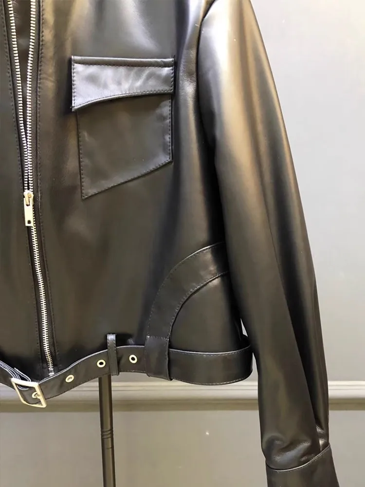 PUNK STAND COLLAR ผู้หญิงของแท้หนังซิปแขนยาว Sashes Cargo Outerwear Streetwear Sheepskin รถจักรยานยนต์สั้นเสื้อ