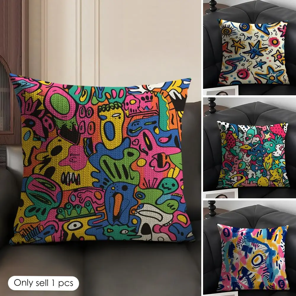 

Милая наволочка с граффити из натурального органического льна, двусторонняя печать, для дивана, домашнего декора, подарок