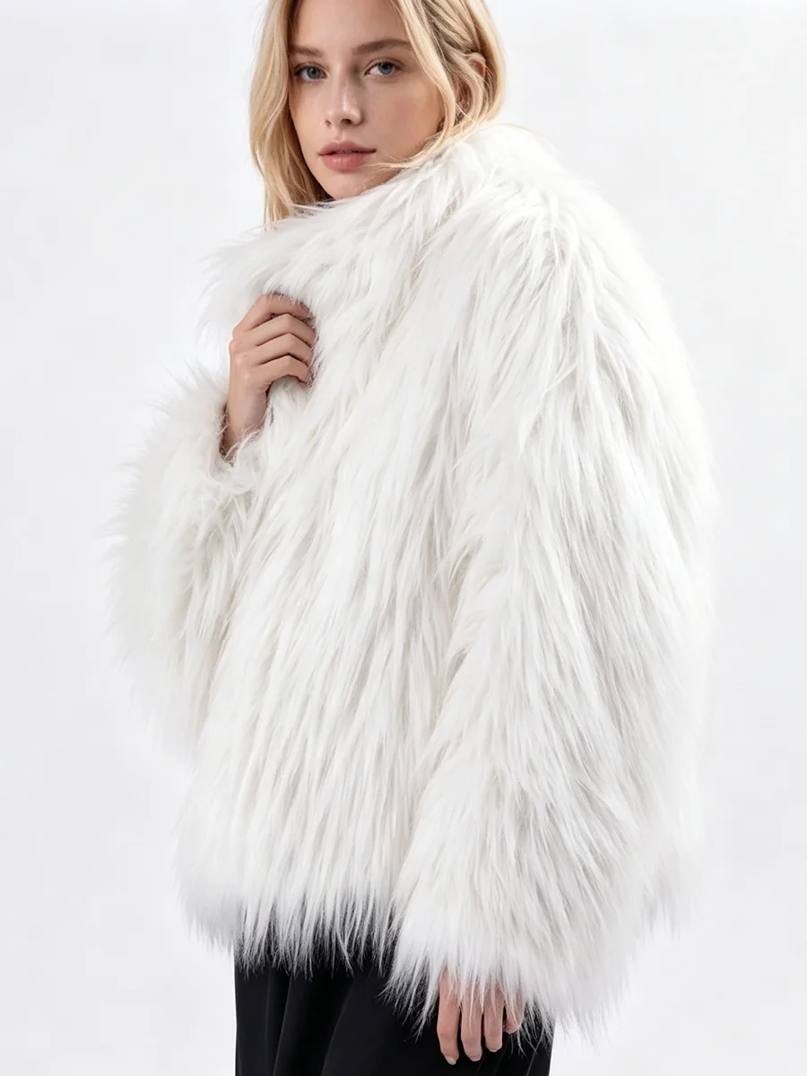 Women Black Shaggy Long Faux Fur Coat Lapel Loose Oversized Fluffy Plush Jacket Winter Warm Punk Style Lady Outerwear