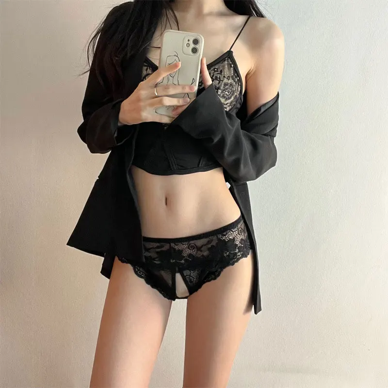 G-string Teddies Doll Low-waisted Women\'s Sexy Underwear No Crotch Lace Transparent Shorts Black  Intimates Home Fun Underpants