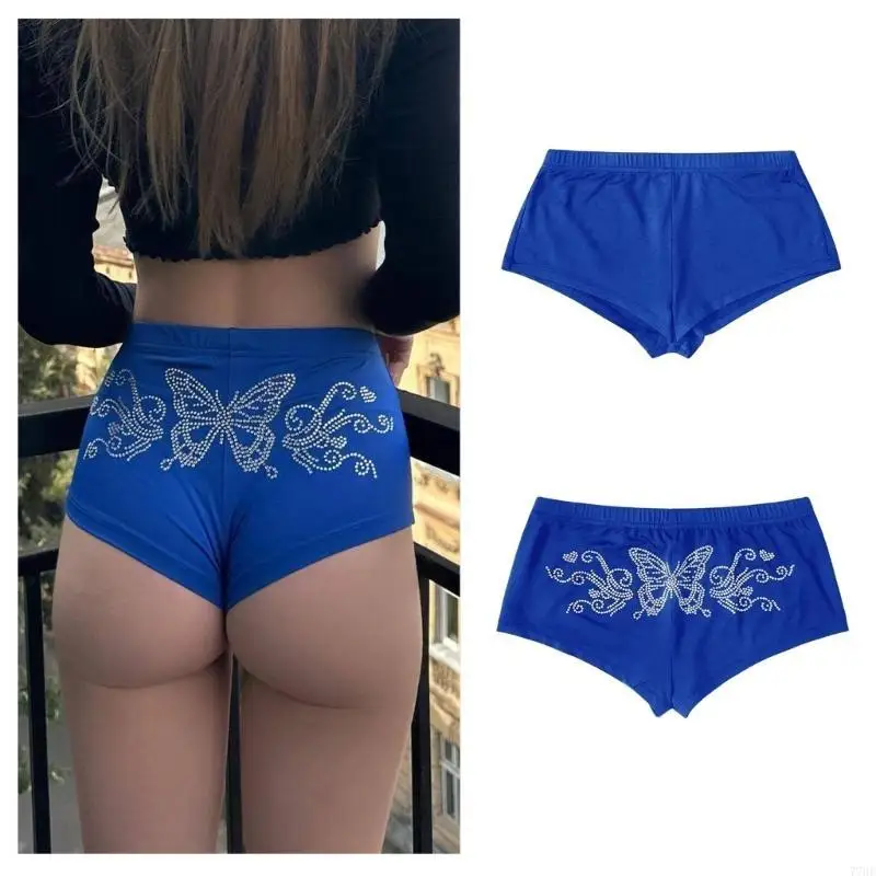 77HE 女性のグリッターラインストーンバタフライスポーツボーイショーツストレッチミニ戦利品ショーツミドルライズホットパンツランジェリークラブウェア