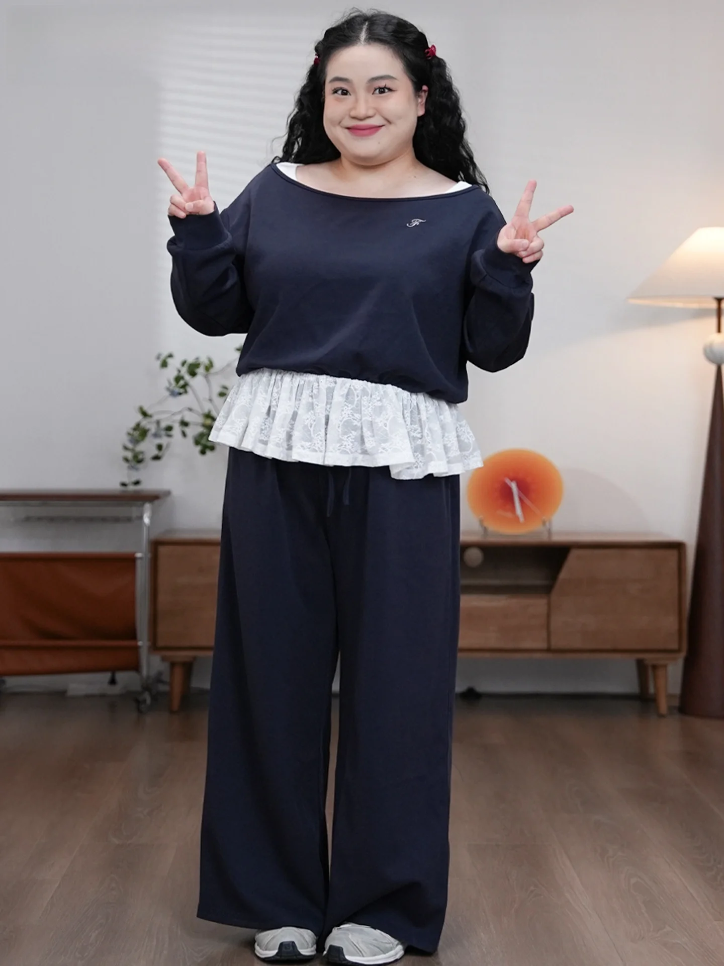 

Korean Sle oulder Bared Apparels Large Size Sweater Set Comfortable Long Pants Thiened Autumn Winter Casual Wear