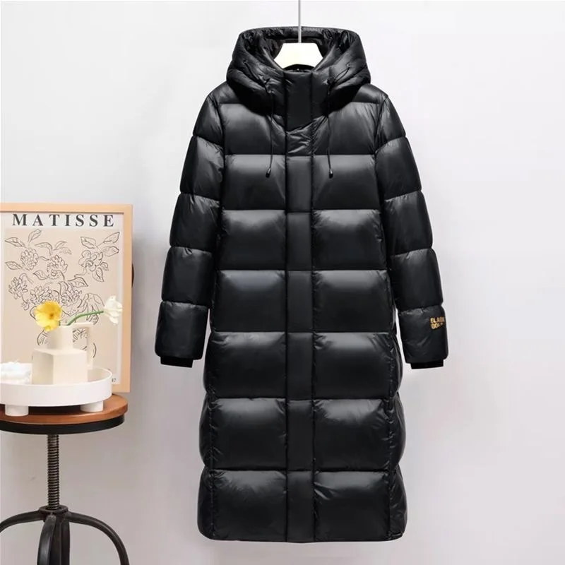 New Winter Men Hooded Black Shiny Long Puffer Jackets Couple Goose Down Coats Quality Male Over The Knee Thicker Warm Coats 3XL