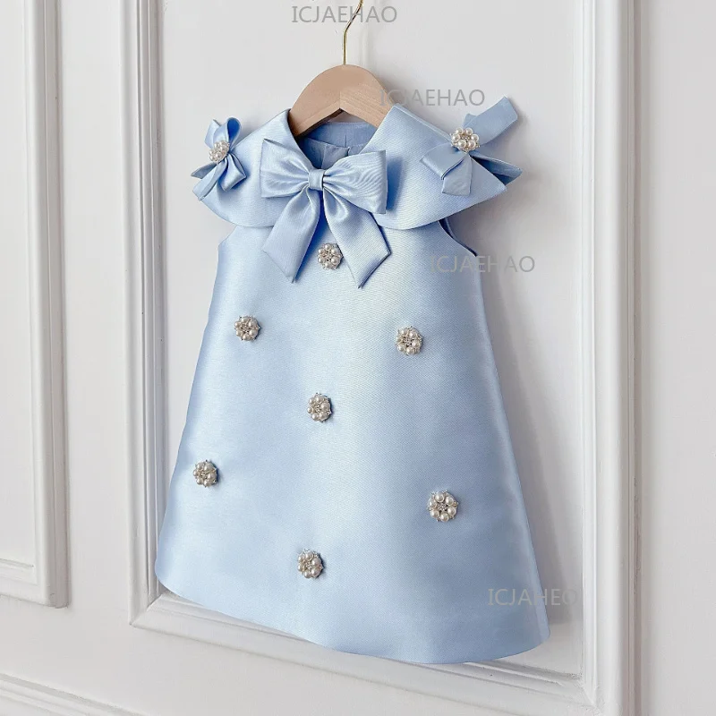 2026 Kids Baby Catch Week Girls Host Piano Performance Pageant Costume First Birthday Elegant Dress Cute Blue Satin Children