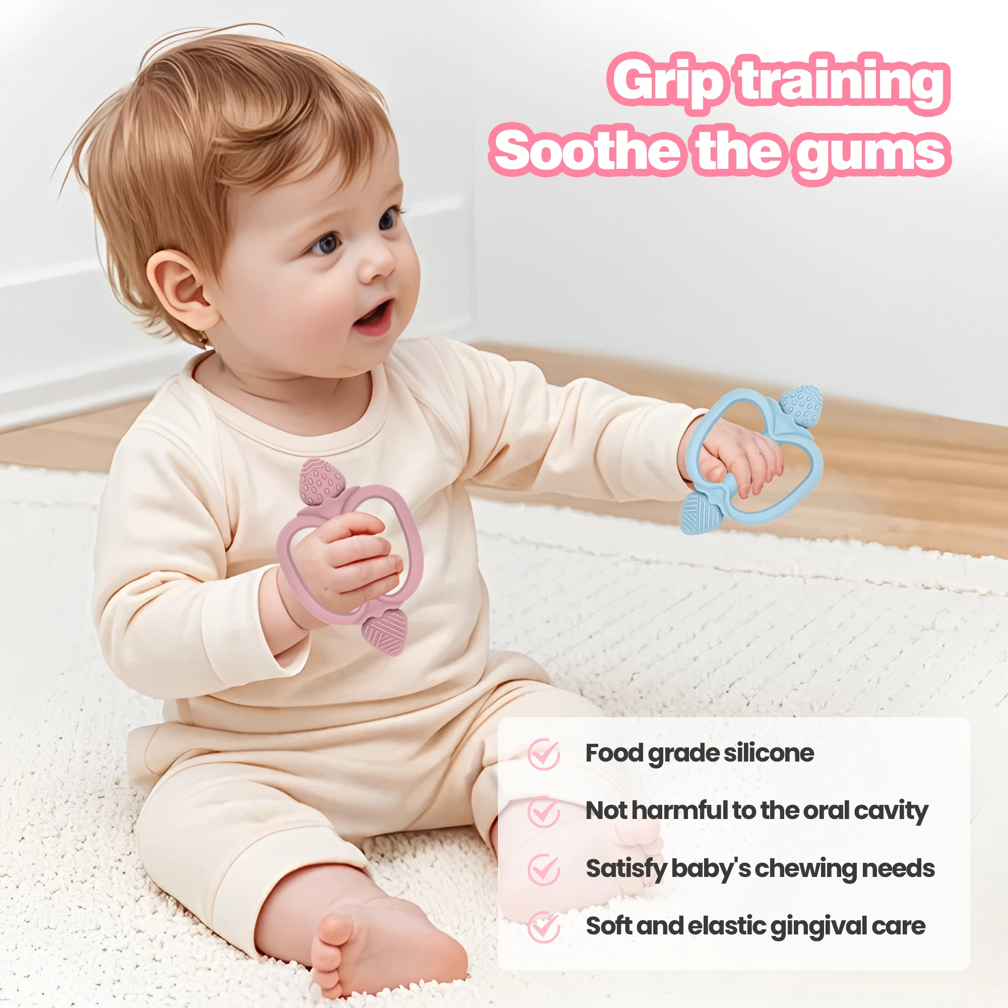 Easy-grip baby teether, strawberry-shaped teether, multi-textured design, food-grade silicone, BPA-free, a great newborn gift.