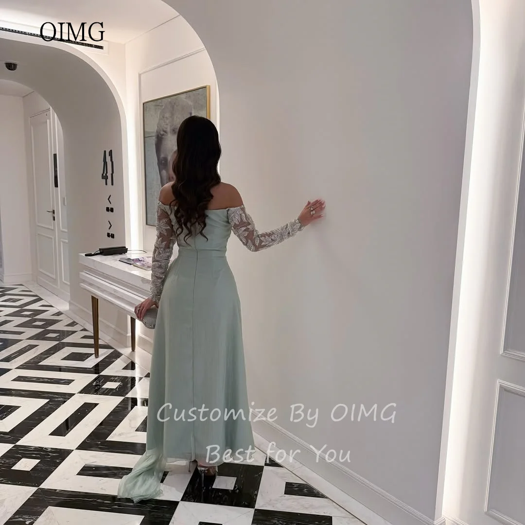 OIMG Glanzende Lichtgroene Zeemeermin Prom Jassen Uit De Schouder Formele Party Gown Chiffon Avondjurk vestidos de fiesta Aangepaste