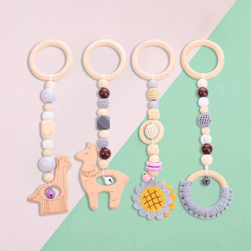 

J15U 4 Pcs/Set Baby for Play Gym Wooden Frame Stroller Hanging Pendant Teether Molar Teething Nursing Rattle Gifts