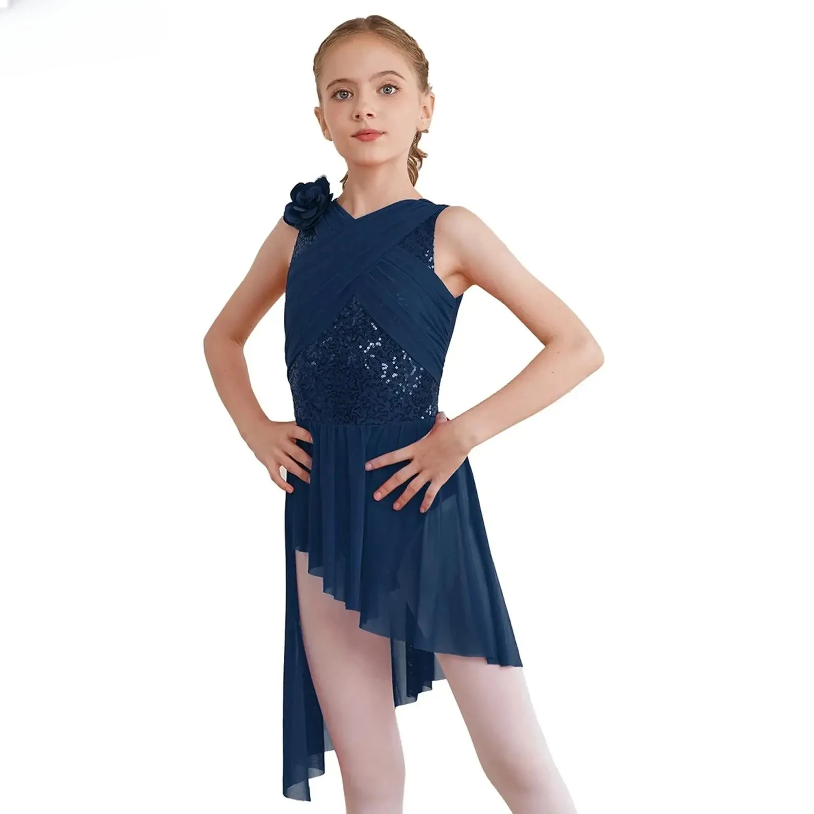 Vestito da ballo lirico per ragazze per bambini Body da ginnastica per balletto Costume da pattinaggio di figura Paillettes lucide Abbigliamento da ballo per performance contemporanea