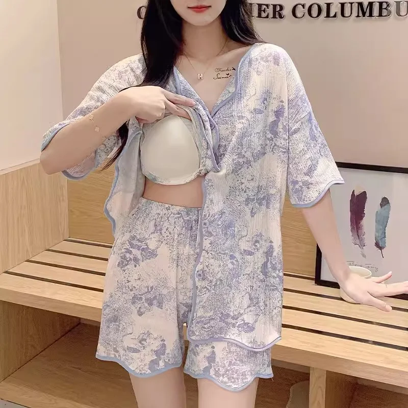 Pajama Women 2024 Summer Thin Pure Cotton Short Sleeved Shorts Cardigan With Chest Pad Integrated no Wear bra Home Clothing set