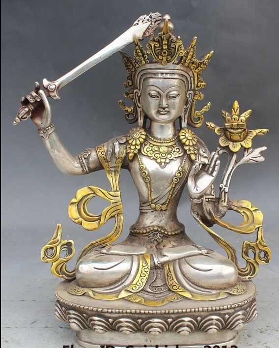 

decoration BRASS factory outlets Tibet Silver 12" Tibet Buddhism Silver Gilt Wenshu Manjusri Goddess Hold Sword Buddha Statue