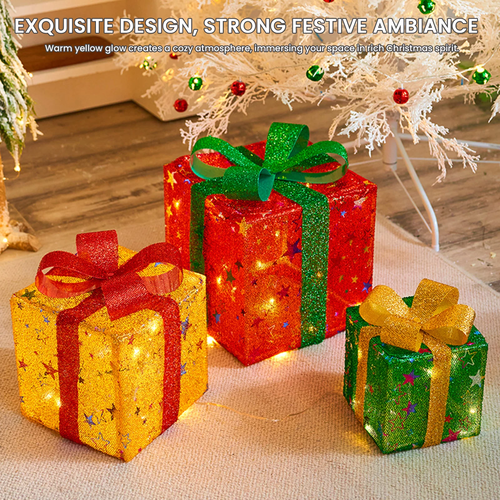 3 Buah Kotak Hadiah Natal Berlampu LED Kotak Hiasan Lampu Hangat Bertenaga Baterai Kotak Hadiah Ornamen Dekorasi Rumah Pesta Halaman