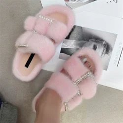 summer Slippers For Women 2024 Flat Fur Real Mink Slippers Warm Soft Indoor Women Fur Slippers Luxury Designer Female Shoes