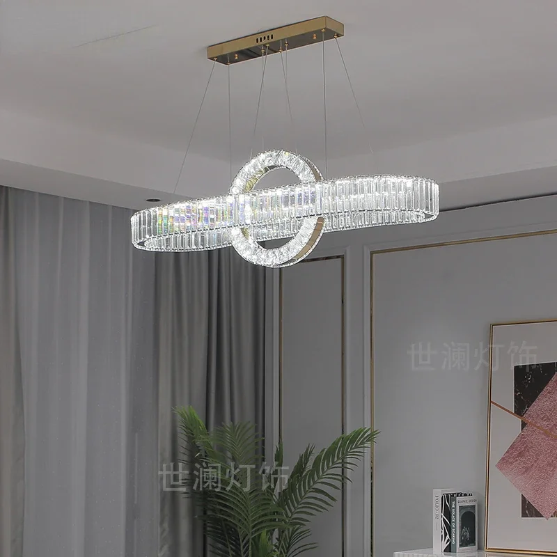 Luces colgantes regulables Led de acero dorado cromado ovalado moderno, lámpara colgante de cristales para comedor, lámpara colgante con Cable ajustable