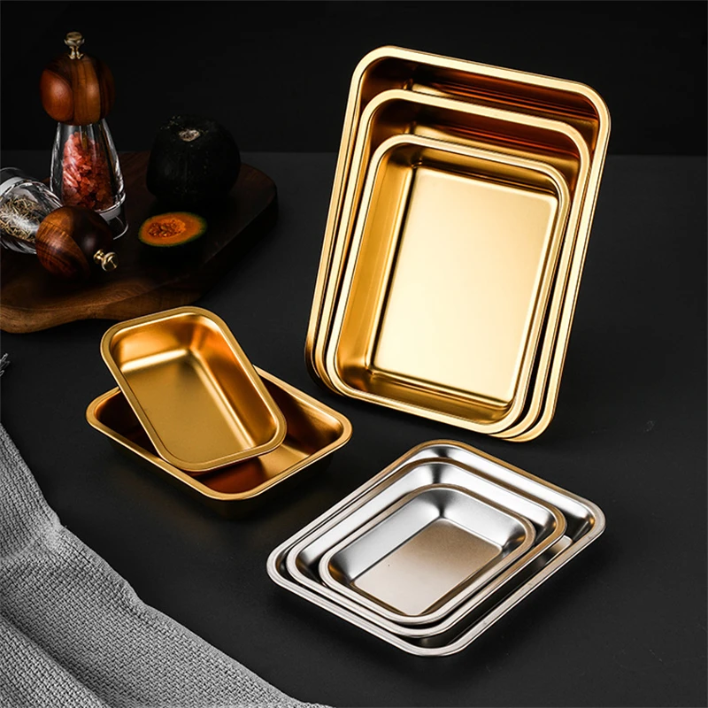 

Stainless Steel Food Storage Serving Trays Rectangle Grilled Fish Plate Sausage Noodles Fruit Dish Home Kitchen Food Container