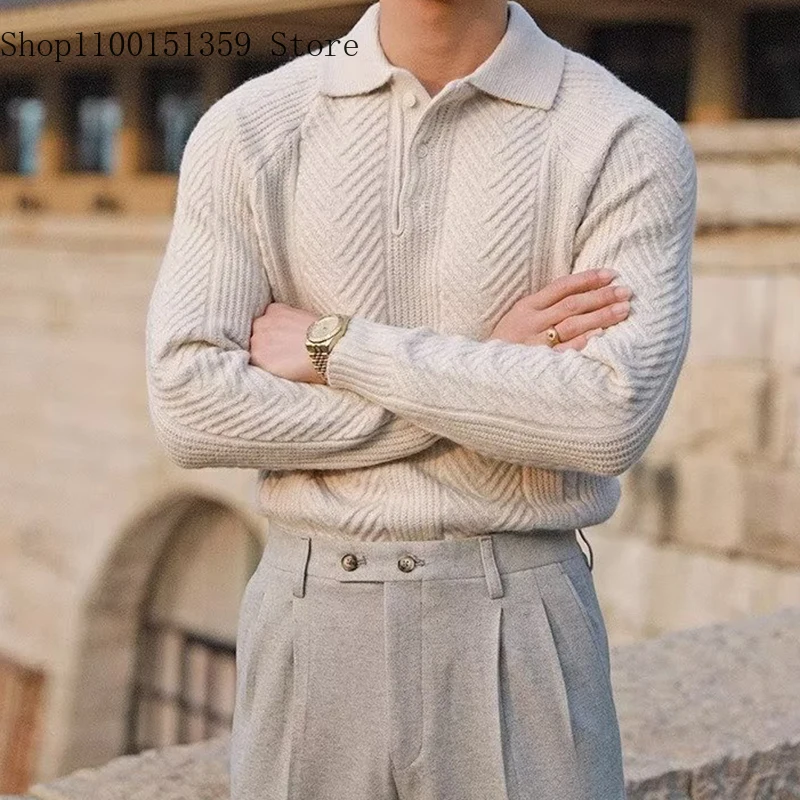 Fashionable Textured Knitted Sweater Mens Polo Shirts Long Sleeve Turn-down Collar Zipper Jumper Tops Autumn Men Knit Clothing