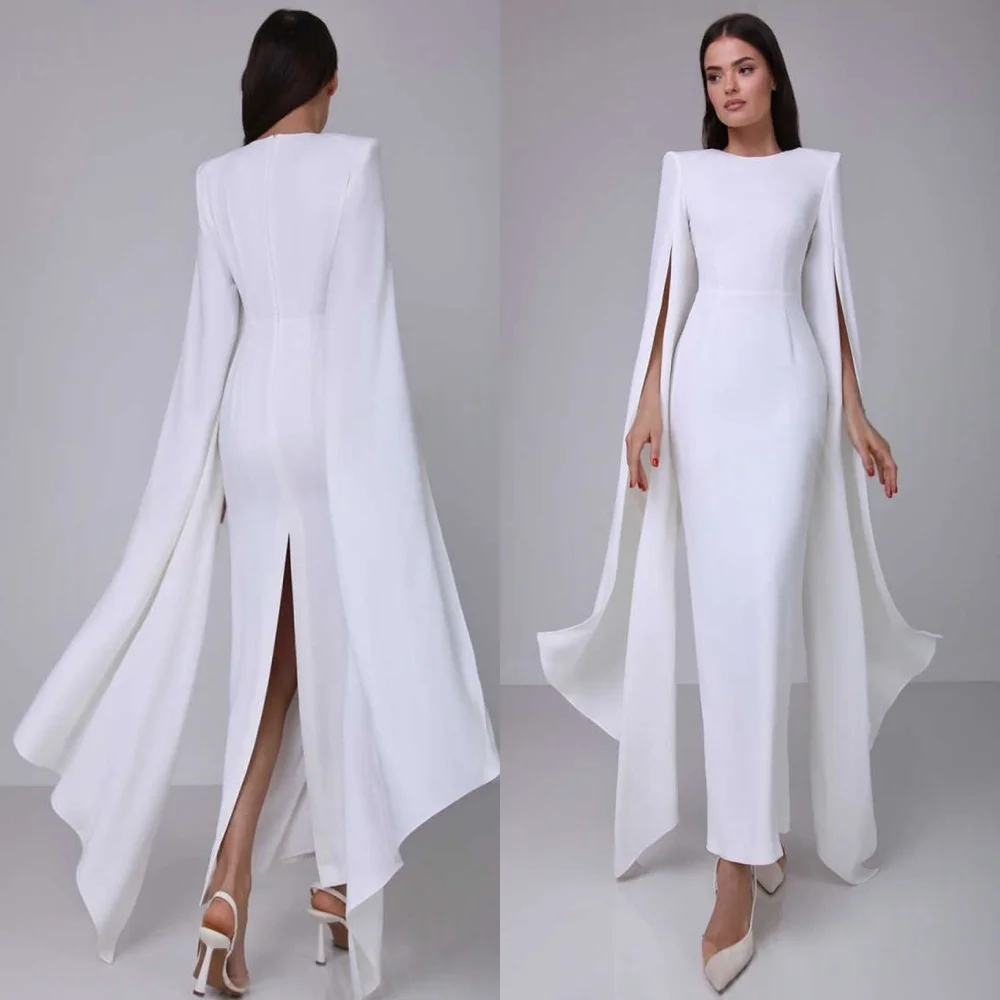 

Customized Simple White Jersey Evening Dress Classic O-Neck Long Sleeves Homecoming Dresses Temperament Vestido De Festa