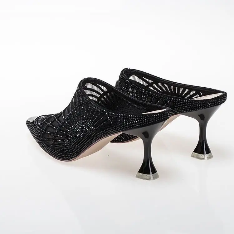 Sandales à Talons Hauts en Maille pour Femme, Demi-Pantoufle Élégante, Mules à Strass Pointus, Confortables, Talon Moyen, Chaussures d\'Été