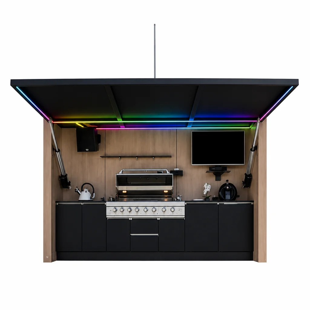Luxury Smart Outdoor Kitchen Cabinet With Remote Control Lift Up Roof And Built In Sink Fridge Storage