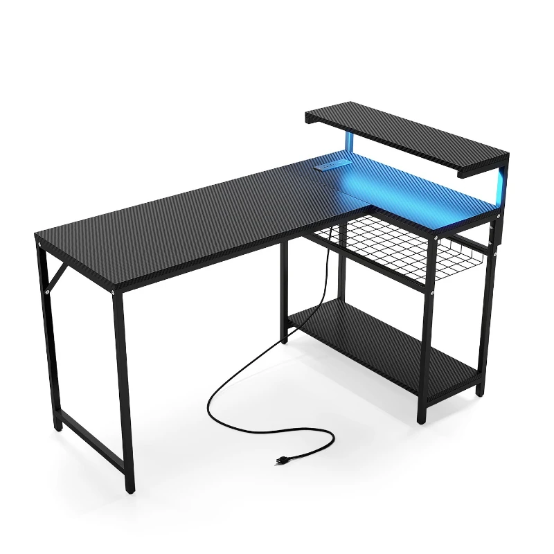 L-shaped computer desk, wooden desktop with CPU stand, side pockets that can be flipped over in black