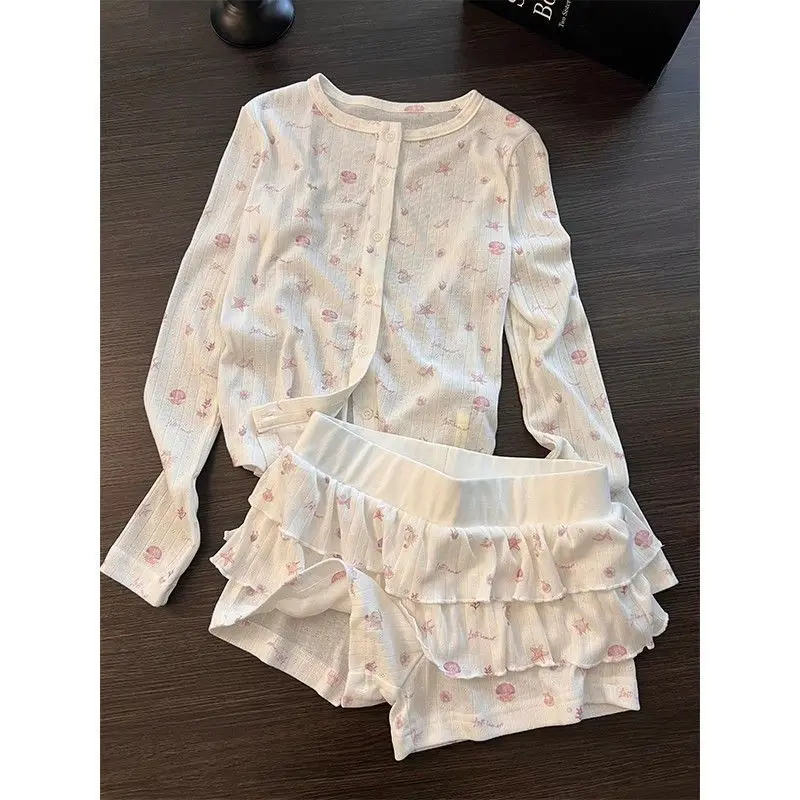 

Chic Crochet Knit Crop Top Marine Print Pajamas Ruffles Tops Shorts 3 Piece Sets O Neck Cute Sleepwear Holiday Beach Casual Lady