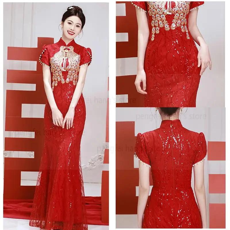 New Chinese Style Dresses Elegant Mermaid Cheongsams Embroider Phoenix Mesh Sequins Qipao Bridal Wedding Dress Luxury Vestidos