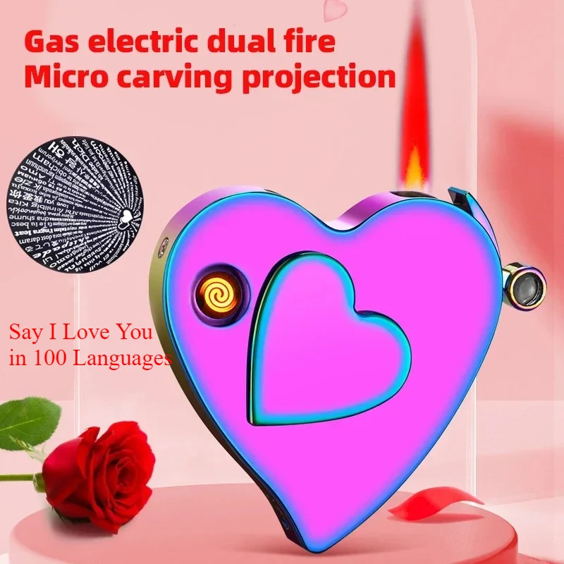 

Electric Gas Straight Flush Flame Lighter Micro Carving Projection Tungsten Wire Lighter Heart-shaped Shape Mens Packaging Gifts